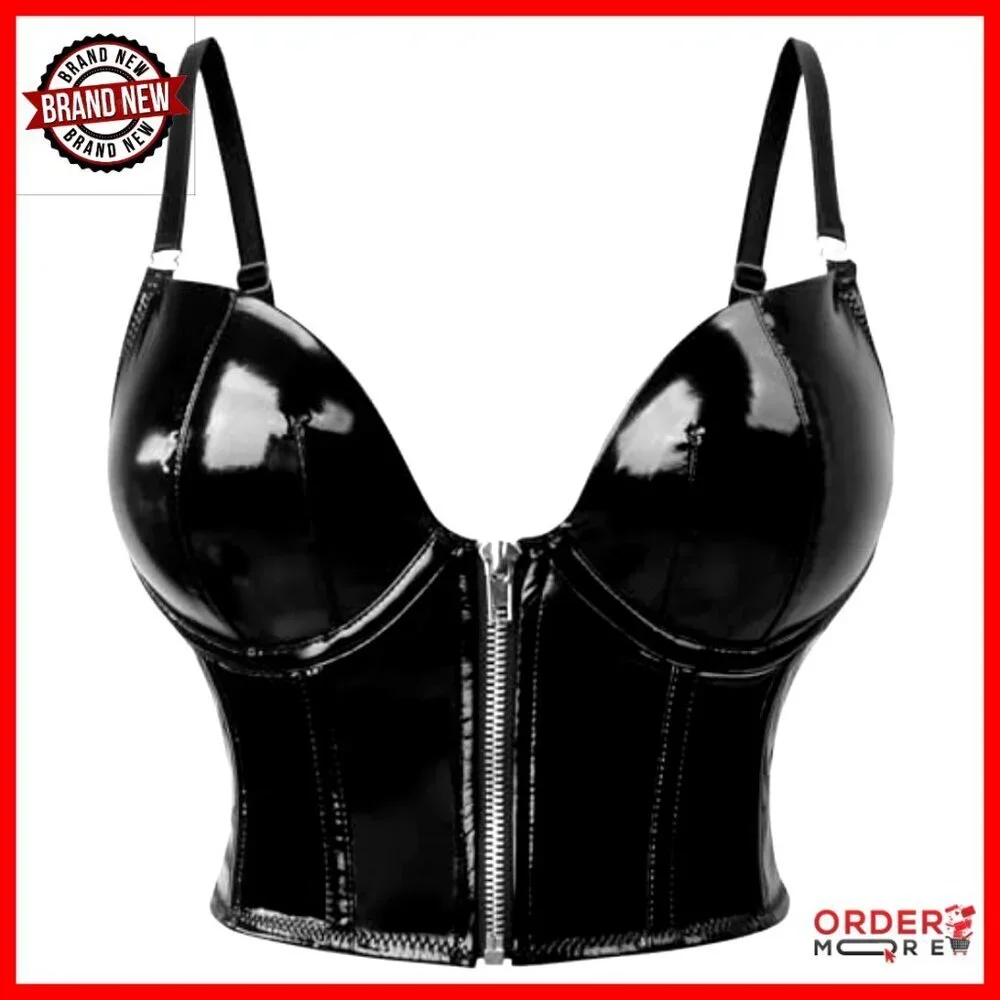 Punk Gothic PU Leather Push Up Corset Bustier Crop Top Lingerie Y2K